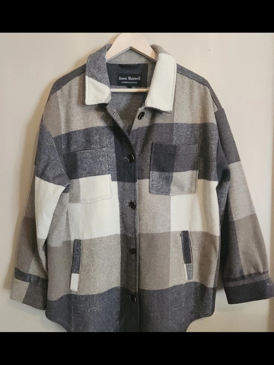 jason maxwell Jackets & Blazers - J49 Jason Maxwell Outerwear Collection- tan gray & cream plaid jacket w fringe